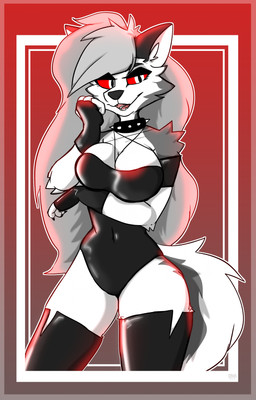anthro arm_under_breasts black_body black_fur black_nose breasts cleavage clothed clothing collar female fingerless_gloves fur geometric_background gloves grey_body grey_fur grey_hair hair half-closed_eyes handwear inner_ear_fluff legwear long_hair medium_breasts monotone_hair narrowed_eyes navel_outline open_mouth open_smile red_sclera simple_background smile solo spiked_collar spikes thick_thighs thigh_highs tuft white_body white_eyes white_fur wide_hips dima_(artist) hellaverse helluva_boss mythology loona_(helluva_boss) canid canid_demon canine demon hellhound mammal mythological_canine mythological_creature 2023 absurd_res colored digital_media_(artwork) hi_res portrait shaded three-quarter_portrait