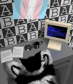 agender_pride_colors ambiguous_gender annoyed anthro athletic black_arms black_body black_hair cheek_tuft computer container cup description electronics facial_tuft floppy_disk furniture hair head_on_table humor inner_ear_fluff lgbt_pride lojban_description mandelbrot_set monitor mug paper pride_colors solo table text transgender_pride_colors tuft white_arms white_body zbalermorna varik_valefor openbsd public_domain vunc_(varik_valefor) domestic_cat felid feline felis mammal absurd_res constructed_language digital_drawing_(artwork) digital_media_(artwork) english_description english_text hi_res lojban_text