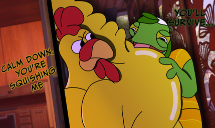 aggressive anthro beak bent_over big_butt black_eyes butt butt_in_face dialogue duo face_in_ass feathers green_body hand_on_butt huge_butt looking_back male male/male oral tail text tongue tongue_out yellow_body yellow_feathers vandoughy epic_games family_guy fortnite fortnite:_battle_royale ernie_the_giant_chicken ziggy_(fortnite) avian bird chameleon chicken galliform lizard phasianid reptile scalie absurd_res digital_media_(artwork) english_text hi_res