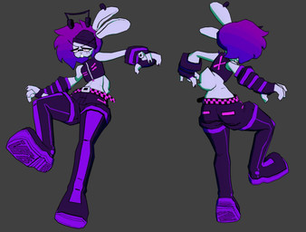 anthro armwear beanie belt black_bottomwear black_clothing black_nails black_shirt black_shorts black_topwear boots bottomwear buckteeth butt checkered_belt clothing colored_nails crop_top cross_pupils ear_piercing ear_ring elbow_gloves electronics fingerless_gloves footwear gloves grey_background hair handwear hat headgear headphones headwear legwear male midriff missing_texture multiple_angles nails navel on_one_leg pattern_armwear pattern_clothing pattern_elbow_gloves pattern_fingerless_gloves pattern_gloves pattern_handwear piercing purple_hair raised_leg ring_piercing scut_tail shirt shoes short_hair short_tail shorts simple_background solo standing striped_armwear striped_clothing striped_elbow_gloves striped_fingerless_gloves striped_gloves striped_handwear stripes style_emulation tail teeth thigh_boots thigh_highs topwear cryptiacurves cryptiacurves_(modeler) bomb_rush_cyberfunk cryptia fan_character lagomorph leporid mammal rabbit 3d_(artwork) digital_media_(artwork) full-length_portrait portrait