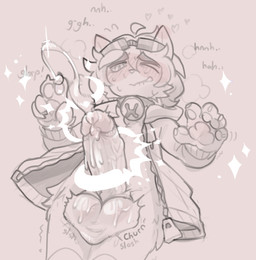 anthro balls bell bell_collar big_balls big_penis blush bodily_fluids churn clothing collar ejaculation eyewear eyewear_on_head genitals goggles goggles_on_head magic_user male onomatopoeia pawpads paws penis simple_background slosh solo sound_effects sweat sweaty_balls sweaty_genitalia text troubled_kitt taro_(secretaro) domestic_cat felid feline felis mammal
