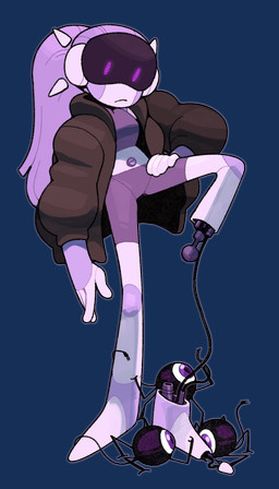clothing female fingers group hair jacket machine navel not_furry on_one_leg ponytail purple_body purple_hair standing topwear discount-supervillain humanoid robot robot_humanoid 4:7 alpha_channel hi_res