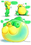 anthro belly belly_inflation big_belly big_breasts blonde_hair blush breasts dialogue female green_body green_eyes hair heart_symbol hose hose_in_butt hose_in_pussy hose_inflation huge_belly huge_breasts hyper hyper_belly hyper_breasts immobile inflation liquid_inflation multicolored_body navel shadow simple_background smile solo sound_effects speech_bubble text water_inflation yellow_body lazygartuz rocio_(lazygartuz) scalie unknown_species absurd_res english_text hi_res