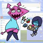 arrow_(anatomy) blue_body blue_hair blue_skin blush bodily_fluids clothed clothing dress duo eating female frown hair hair_over_eyes male no_underwear pink_body pink_skin screencap screencap_background slightly_chubby spiral_eyes sweat window_(computing) katznono bliss_(image) deltarune google google_chrome internet_explorer microsoft microsoft_windows undertale_(series) windows_xp kris_(deltarune) darkner human mammal monster virovirokun 1:1