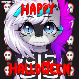 anthro bone chibi clothing costume ears_up female freckles front_view fur glistening glistening_eyes hair halloween_costume heart_symbol holidays looking_at_viewer multicolored_body multicolored_fur pattern_background simple_background skeleton skeleton_costume skull smile solo teeth white_hair wide_eyed xlolicat halloween mythology xizzy dragon mythological_creature mythological_scalie scalie 1:1