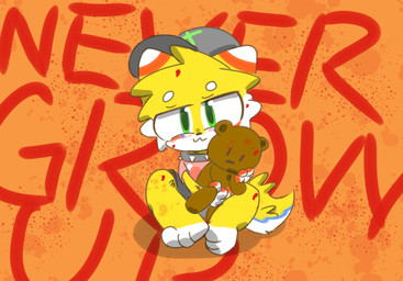 anthro biped blush clothed clothing fur hat headgear headwear looking_at_viewer male male_anthro plushie simple_background smile solo tail teddy_bear text toy yellow_body yellow_fur young young_anthro young_male canid canine mammal digital_media_(artwork) english_text hi_res