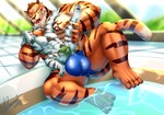 abs absurd_res anthro big_bulge big_muscles bulge clothing covering covering_mouth dingding_(artist) duo felid hi_res male male/male mammal muscular pantherine raised_leg size_difference speedo swimwear tiger water