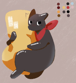 ambiguous_gender black_body black_fur blush blush_lines bodily_fluids bolt_emanata color_swatch ears_back emanata feral fur highlights_(coloring) hug hugging_object hugging_pillow looking_at_viewer looking_away mostly_nude mouthless narrowed_eyes pillow pivoted_ears red_scarf scarf scarf_only simple_background solo sweat sweatdrop tail tail_coil tan_background yellow_pillow anonymous_artist nichijou sakamoto_(nichijou) domestic_cat felid feline felis mammal 2025 digital_media_(artwork) full-length_portrait hi_res portrait shaded simple_shading