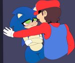 aggressive anthro blush clothed clothing duo gloves handwear hat headgear headwear human_on_anthro interspecies kabedon male male/male thick_thighs thigh_gap paramour_(artist) mario_bros nintendo sega sonic_the_hedgehog_(series) mario sonic_the_hedgehog eulipotyphlan hedgehog human mammal crack_ship hi_res