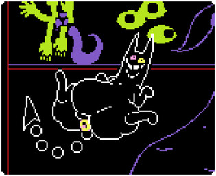 ambiguous_feral ambiguous_gender anus belly big_belly big_butt black_body border butt featureless_crotch feral heterochromia lying on_back open_mouth overweight pointed_tail presenting presenting_anus presenting_hindquarters puffy_anus smile solo spade_tail tail teeth thick_thighs white_border yellow_anus pookypalace deltarune undertale_(series) friend_(deltarune) felid feline mammal digital_media_(artwork) pixel_(artwork)
