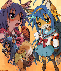 5_fingers 5_toes accessory ahoge alternate_species anthro armband asian_clothing barefoot bent_legs biped blep blue_bottomwear blue_clothing blue_hair blue_skirt blush book bottomwear bow_(feature) bow_ribbon brown_body brown_clothing brown_ear_tips brown_footwear brown_fur brown_shoes brown_socks claws clothed clothed_anthro clothed_female clothing cute_fangs dipstick_ears dipstick_tail ear_markings east_asian_clothing eyebrow_through_hair eyebrows eyelashes fangs feet female female_anthro finger_claws fingers footwear fully_clothed fully_clothed_anthro fully_clothed_female fur furrification glistening glistening_eyes glistening_hair gloves_(marking) gradient_background green_bottomwear green_clothing green_eyes green_pants hair hair_accessory hand_on_hip handpaw head_turned hindpaw holding_book holding_object inner_ear_fluff iris japanese_clothing japanese_school_uniform kemono leg_markings long_hair long_socks looking_at_viewer lying markings mole_(marking) multicolored_body multicolored_clothing multicolored_ears multicolored_fur multicolored_shirt multicolored_topwear multiple_poses on_front open_mouth open_smile orange_body orange_fur orange_tail pants pawpads paws pink_pawpads pink_tongue plantigrade pointy_ears pose prick_ears pupils school_uniform serafuku shirt shoes shorts simple_background skirt smile socks socks_(marking) solo standing tail tail_markings teeth text toe_claws toes tongue tongue_out topwear translucent translucent_hair tuft two_tone_ears two_tone_tail uniform whiskers white_body white_clothing white_fur white_sclera white_shirt white_tail_tip white_topwear wakazhi lucky_star konata_izumi canid canine fox mammal 2026 artist_name digital_media_(artwork) dithering pixel_(artwork) shaded