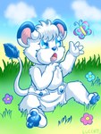 anthro blue_eyes blue_flower blue_pawpads clean_diaper cloth_diaper clothed clothing cloud day diaper diaper_only fastener flower fur grass male outside pawpads pin_(fastener) pink_flower plant playing purple_flower safety_pin sky solo surprise toddler topless wearing_diaper white_body white_fur young young_anthro lucca kimba_the_white_lion osamu_tezuka kimba kimba_(character) arthropod butterfly felid insect lepidopteran lion mammal pantherine 2021 3:4 absurd_res hi_res signature