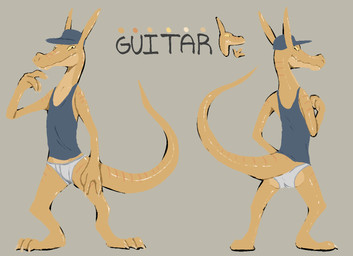 3_fingers 3_toes anthro clothing fangs feet fingers hat headgear headwear looking_at_viewer looking_back male shirt stripes tail tan_body tank_top tapering_tail teeth thick_tail toes topwear underwear yellow_eyes guitarzard kobold scalie model_sheet