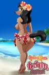 2014 anthro beach big_butt black_eyes black_hair black_nose breasts brown_body brown_fur butt canid canine canis card_template clothed clothing cloud detailed_background digital_media_(artwork) domestic_dog english_text eyebrows eyelashes female flower fur hair hi_res lonbluewolf long_hair looking_back mammal nipples palm_tree partially_clothed plant postcard raised_tail sand sea seaside sky smile solo tahiti tail teeth text tree water wide_hipped_female wide_hips