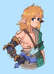 blonde_hair blue_eyes blush clothing hair humanoid_pointy_ears light_body light_skin long_hair male markings master_sword melee_weapon nipples not_furry pointy_ears rauru's_arm simple_background solo sword weapon coffeetears erocoffee nintendo tears_of_the_kingdom the_legend_of_zelda link elf humanoid hylian 2023 hi_res signature