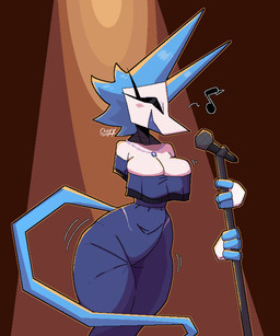 anthro big_breasts blush blush_stickers breasts cleavage clothed clothing dress electronics emanata eyes_closed female floating_hands jewelry machine microphone microphone_stand musical_note musical_symbol necklace open_mouth singing solo standing symbol tail thick_thighs wide_hips chuyy deltarune undertale_(series) tasque_manager android darkner felid feline mammal robot 2024 5:6 absurd_res digital_drawing_(artwork) digital_media_(artwork) hi_res