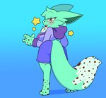 anthro bottomwear breasts butt clothing female fluffy gesture hand_gesture happy hoodie shorts solo star tongue tongue_out topwear v_sign puppysnackz minty_(angelthegamer) hi_res