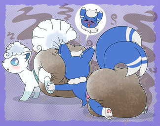 >_< ambiguous_gender anthro big_diaper blush bottomwear clothing diaper diaper_sniffing duo eyes_closed facesitting feces feral looking_at_another looking_back looking_pleasured male male/ambiguous multi_tail scatplay sitting_on_another sniffing soiled_diaper soiling stink_fumes stink_lines tail unclean_diaper underwear used_diaper tenerius nintendo pokemon alolan_form alolan_vulpix generation_6_pokemon generation_7_pokemon meowstic pokemon_(species) regional_form_(pokemon) absurd_res hi_res