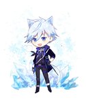 blue_eyes chibi choker hair jewelry male necklace open_mouth short_hair simple_background smile solo standing white_background white_hair taziku arknights hypergryph studio_montagne steward_(arknights) animal_humanoid canid canid_humanoid humanoid mammal mammal_humanoid 2019