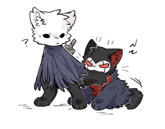 ambiguous_gender anthro biped bite black_body black_eyes black_fur black_nose clothing duo empty_eyes fur grey_body grey_fur inner_ear_fluff looking_at_another melee_weapon nail_(weapon) paws question_mark red_body red_eyes red_fur simple_background standing tail tail_bite tail_in_mouth tuft weapon weapon_on_back white_background white_body white_fur aaasakawa hollow_knight_(franchise) team_cherry grimmchild_(hollow_knight) the_knight_(hollow_knight) canid canine felid feline mammal 2026