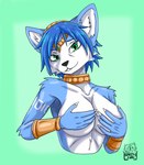 black_nose blue_body blue_fur blue_hair bracelet breasts choker female fur green_eyes hair hand_on_breast hands_covering_breasts jewelry looking_at_viewer nails necklace solo white_body white_fur spike_the_furry nintendo star_fox krystal_(star_fox) canid canine fox mammal 2024 hi_res signature