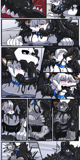 5_fingers abs after_transformation anthro autofellatio balls big_balls big_muscles big_pecs big_penis black_body black_cum black_sclera blush bodily_fluids brown_body collar colored_cum comic_panel cum cumshot duo ejaculation eyes_closed fingers fur genital_fluids genitals goo_transformation green_eyes growth hair humanoid_genitalia humanoid_penis knot male male/male masturbation muscular open_mouth oral oral_masturbation oral_penetration pecs penetration penile penile_masturbation penis penis_in_mouth sharp_teeth tears teeth tentacle_in_mouth tentacle_penetration tentacles tongue tongue_out transformation transformation_sequence unusual_bodily_fluids unusual_cum unusual_genital_fluids white_body white_fur white_hair peach_knockout changed_(video_game) puro_(changed) canid canine canis domestic_cat felid feline felis goo_creature mammal wolf 2026 absurd_res hi_res long_image tall_image