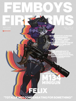 accessory ammo_belt anthro cheek_tuft clothing eye_patch eyelashes eyewear eyewear_on_head facial_tuft femboy fluffy fluffy_tail gatling_gun glasses glasses_on_head gloves gun hair handwear hat headgear headwear highlights_(coloring) jacket legwear m134 machine_gun male minigun pouch_(clothing) ranged_weapon solo stockings straps tail text thigh_highs topwear tuft weapon marcus_gray femboys_and_firearms general_electric canid canine mammal 3:4 cover english_text hi_res magazine_cover
