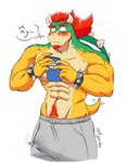 aged_up anthro barazoku blush bottomwear bowser_jr. bracelet bulge cellphone clothed clothing electronics erection erection_under_clothing facial_hair goatee hair hi_res horn jewelry koopa leaky male mario_bros morgan_deer muscular muscular_anthro muscular_male nintendo nipples pants phone red_hair scalie shell smartphone spiked_bracelet spiked_shell spikes spikes_(anatomy) sweatpants teasing topless