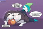 ambiguous_gender butt clothing cole_(thetyrant) cole_the_gallade english_text facesitting femboy gallade generation_4_pokemon generation_5_pokemon hi_res male nintendo pokemon pokemon_(species) scrafty sitting_on_another text thetyrant torn_clothing