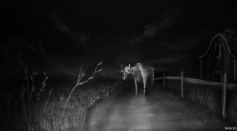 2_horns ambiguous_gender barn dirt emaciated emaciated_feral farm fence feral grass hooves horn night path plant quadruped scenery solo text unguligrade wood wood_fence louceph bovid bovine cattle mammal 2019 artist_name english_description greyscale hi_res monochrome