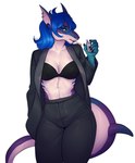 5_fingers anthro blue_eyes blue_hair breasts clothed clothing ear_piercing ear_ring female fingers flesh_tunnel hair nipple_outline non-mammal_breasts piercing ring_piercing simple_background solo white_background monian cheryl_(monian) fish marine shark hi_res