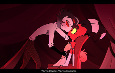 anthro black_bars caption clothing curtains detailed_background dialogue dress duo eye_contact femboy fur grey_body grey_fur grey_hair hair horn looking_at_another male red_eyes short_hair singing sitting standing text white_face white_text yellow_eyes teathekook hellaverse helluva_boss blitzo_(helluva_boss) stolas_(helluva_boss) avian bird imp owl owl_demon hi_res letterbox