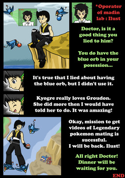black_body black_clothing black_hair blue_body blue_eyes blue_tail blue_wings brown_hair cliff clothing dialogue duo eyes_closed grey_body hair machine red_body red_eyes red_tail seaside smile solo tail tan_body tan_skin text the_end white_clothing wings yellow_clothing vavacung nintendo pokemon generation_3_pokemon groudon human kyogre legendary_pokemon mammal pokemon_(species) robot 2012 absurd_res comic english_text hi_res multiple_scenes