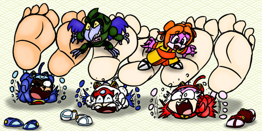 4_toes anthro armor asian_clothing beak big_feet blue_armor bodily_fluids clothing crying_laughing cybernetics east_asian_clothing eyes_closed feet female foot_fetish footwear_removed green_armor group hair huge_feet humanoid_feet japanese_clothing kimono laugh lying machine male on_front one_eye_closed open_mouth open_smile orange_hair pink_body plantigrade red_armor smile soles tail tears teeth tickle_fetish tickling tickling_feet toes tongue white_armor wings raphjam85 samurai_pizza_cats bad_bird carla_(samurai_pizza_cats) guido_anchovy polly_esther speedy_cerviche avian bird corvid corvus_(genus) crow cyborg domestic_cat felid feline felis mammal oscine passerine 2026 2:1 hi_res