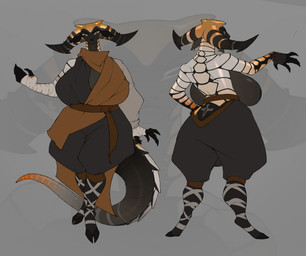 anthro arm_wraps big_breasts black_body black_fur bottomwear breasts clothing curved_horn female fur gold_scales grey_background grey_body grey_scales half-closed_eyes hooves horizontal_pupils horn huge_breasts leg_wraps narrowed_eyes pants pupils scales shirt side_boob simple_background solo tail topwear tunic wraps yellow_sclera indigochto dungeons_and_dragons hasbro wizards_of_the_coast ulgrah bovid caprine dragonborn_(dnd) goat hybrid mammal scalie hi_res model_sheet gynomorph_(lore) trans_(lore) trans_woman_(lore)