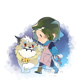apron black_hair blush chibi clothing duo feral hair male smile tusks shen7094 bandai_namco digimon digimon_beatbreak kyo_sawashiro cougarmon digimon_(species) human mammal