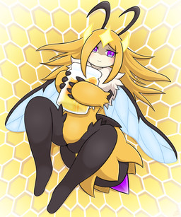 4_fingers anthro black_body black_fur blonde_hair claws cute_fangs fangs featureless_crotch female fingers fur hair looking_at_viewer open_mouth pawpads puffy_chest purple_eyes simple_background solo spread_legs spreading teeth text thick_thighs white_body white_fur wings yellow_body yellow_fur vavacung solo_farming_in_the_tower queen_poisonous_honeybee_(solo_farming_in_the_tower) arthropod bee hymenopteran insect poison_honeybee_(solo_farming_in_the_tower) queen_bee 2023 5:6 english_text hi_res