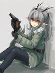 amber_eyes belt clip_(firearms) clothed clothing coat cute_fangs fangs female fully_clothed gloves grey_hair gun hair handgun handwear holding_gun holding_handgun holding_object holding_pistol holding_ranged_weapon holding_weapon horn humanoid_pointy_ears leggings legwear looking_at_viewer pistol pointy_ears ponytail ranged_weapon scales sitting sitting_on_ground solo tail teeth topwear weapon deadflow mythology kuryuu_kohaku animal_humanoid dragon dragon_humanoid humanoid mythological_creature mythological_scalie scalie tailed_humanoid 2015