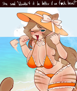 anthro beach bikini biped blush breasts clothed clothing detailed_background female gesture hat headgear headwear looking_at_viewer open_mouth orange_clothing outside smile suggestive suggestive_gesture swimwear tail thick_thighs tongue tongue_out two-piece_swimsuit wide_hips bonniblair domestic_cat felid feline felis mammal hi_res