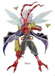 antennae_(anatomy) anthro bancho claws long_coat male red_body shirtless_anthro shirtless_male solo wings taragraphika bandai_namco digimon arthropod banchostingmon digimon_(species) insect hi_res