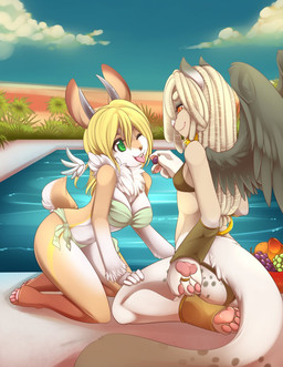 4_toes 5_toes anthro anthro_on_anthro barefoot bikini blonde_hair breasts clothed clothing dreadlocks duo feathered_wings feathers feeding feet female female/female floating_wings fluffy fluffy_tail food fruit grape hair holding_food holding_object horn neck_tuft one_eye_closed pawpads pink_pawpads plant scut_tail short_tail skimpy smile soles swimwear tail toes tongue tongue_out tuft two-piece_swimsuit unusual_anatomy unusual_wings wings wink spazzykoneko mythology opal_(ashnar) phina_(ashnar) felid lagomorph leporid mammal mythological_creature mythological_sphinx rabbit wolpertinger digital_media_(artwork) hi_res shaded