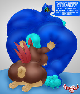 3_toes 4_fingers anthro anus belly big_anus big_breasts big_butt big_feet blue_body blue_eyes blue_fur blue_hair breasts brown_body butt butt_squish claws cybernetics duo facesitting feet female fingers freckles fur genitals gynomorph gynomorph/female hair huge_anus huge_breasts huge_butt huge_thighs hyper hyper_anus hyper_butt intersex intersex/female kneeling long_tail looking_at_another looking_back machine nipples open_mouth pawpads protogen_visor puffy_anus sex sitting sitting_on_another size_difference speech_bubble squish tail text thick_thighs toes wide_hips yellow_eyes sokoyo_owo reign_(reignbowmaus) starry_(sokoyo_owo) avian bird canid canine chicken cyborg galliform mammal phasianid protogen hi_res