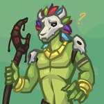 anthro athletic athletic_anthro athletic_male black_sclera feathers green_body humanoid_hands jewelry looking_at_viewer male mask question_mark shirtless shirtless_anthro shirtless_male skull_mask solo yellow_eyes misckass terraria witch_doctor_(terraria) lizard reptile scalie 1:1 hi_res