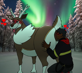 anus aurora_(phenomenon) bestiality big_butt blush body_worship butt butt_worship coniferous_tree duo face_in_ass feral forest heart_symbol human_on_feral interspecies male male/male night outside plant puffy_anus snow star tongue tongue_out tree winter landon_starz nintendo pokemon generation_5_pokemon human mammal pokemon_(species) sawsbuck winter_sawsbuck hi_res