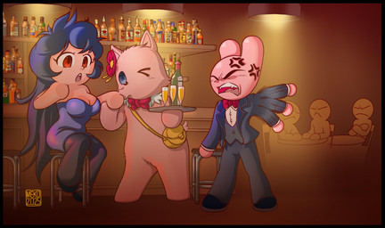 angry anthro bag bartender black_border black_bottomwear black_clothing black_footwear black_hair black_pants black_shoes blue_clothing blue_dress blue_eyes border bottomwear clothed clothed_anthro clothed_female clothing dress eyes_closed female female_anthro flirting flower footwear fur group hair hand_holding holding_object holding_plate kiss_on_hand kissing mailbag male one_eye_closed pants pink_body pink_fur plant plate red_eyes shoes standing surprised three-quarter_view trio white_body white_fur wink bunny_maloney_meko amagi_brilliant_park bunny_maloney bunny_maloney_(character) fan_character tirami human lagomorph leporid mammal rabbit absurd_res cel_shading digital_drawing_(artwork) digital_media_(artwork) hi_res official_art portrait shaded three-quarter_portrait