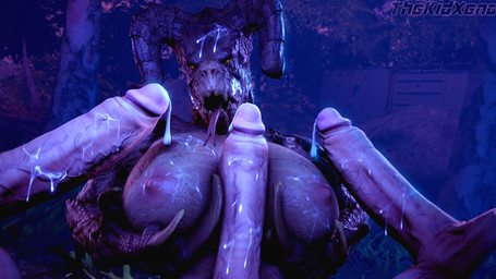 anthro big_breasts bodily_fluids breast_play breasts claws cum cum_drip cum_on_breasts cum_on_face cum_on_penis disembodied_penis dripping female forest foursome gangbang genital_fluids genitals group group_sex holding_breast horn human_on_anthro humanoid_genitalia humanoid_penis interspecies male male/female nipples penis plant sex teeth titfuck tongue tongue_out tree thekidxeno fallout microsoft deathclaw human mammal monster scalie 16:9 2019 3d_(artwork) digital_media_(artwork) hi_res widescreen