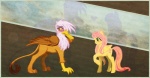 beak blush cutie_mark duo feathered_wings feathers female feral green_eyes hair heart_symbol pink_hair tail wings yellow_body yellow_eyes yellow_feathers cosmicunicorn friendship_is_magic hasbro my_little_pony mythology fluttershy_(mlp) gilda_(mlp) arthropod avian butterfly equid equine gryphon insect lepidopteran mammal mythological_avian mythological_creature mythological_equine pegasus