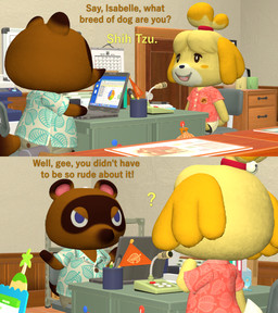 aloha_shirt anthro clothed clothing dialogue duo female humor male misunderstanding pattern_clothing pattern_shirt pattern_topwear question_mark shirt sitting text topwear papadragon69 animal_crossing nintendo isabelle_(animal_crossing) tom_nook_(animal_crossing) canid canine canis domestic_dog mammal raccoon_dog shih_tzu tanuki toy_dog 3d_(artwork) digital_media_(artwork) english_text hi_res