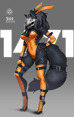 ankle_cuffs anthro armwear big_breasts black_body black_fur black_hair black_sclera bone breasts bunny_costume clothing costume cuff_(restraint) elbow_gloves fake_ears fake_rabbit_ears female fingerless_gloves fluffy fluffy_tail fur gloves hair handwear legwear leotard long_hair multicolored_armwear multicolored_clothing multicolored_elbow_gloves multicolored_gloves multicolored_handwear multicolored_legwear multicolored_leotard multicolored_thigh_highs restraints skull skull_head solo tail thigh_highs two_tone_armwear two_tone_clothing two_tone_elbow_gloves two_tone_gloves two_tone_handwear two_tone_legwear two_tone_leotard two_tone_thigh_highs white_eyes wrist_cuffs shu_stella scp_foundation scp-1471-a canid canine mammal skulldog_(species) 2025 absurd_res hi_res