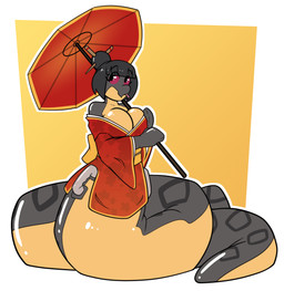 accessory anthro apode asian_clothing big_breasts bob_cut breasts clothing east_asian_clothing featureless_breasts female hair_accessory hair_sticks handles_on_hips japanese_clothing kimono latex legless mitten_hands serpentine solo split_form umbrella 2b-labs moshigi draconcopode latex_creature living_latex naga reptile scalie snake hi_res